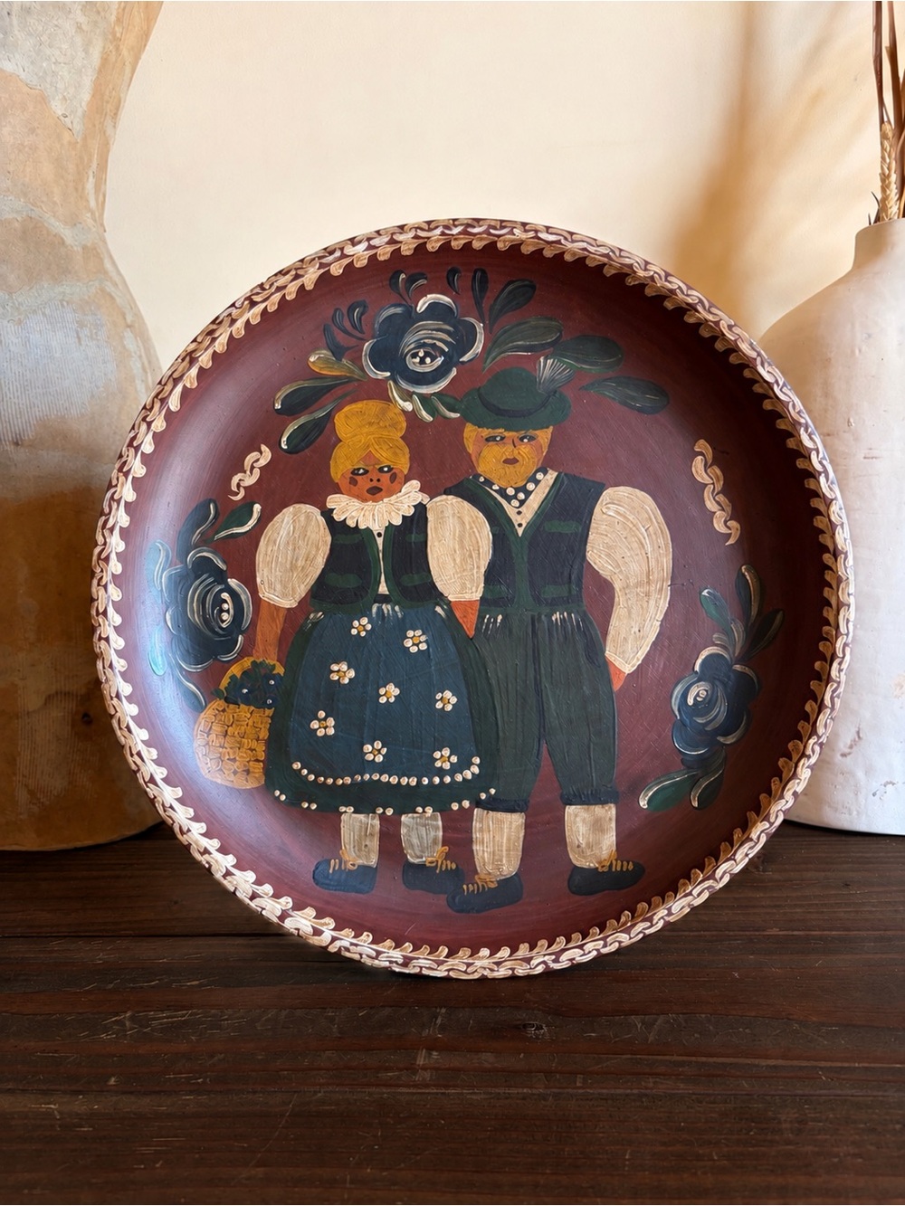 Vintage Hand-Painted Folk Art Wooden Wall Plate Couple 13.5”